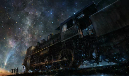 A mesmerizing HD wallpaper featuring a train against a starry night sky, with silhouettes of people observing the cosmic scene. Perfect for any desktop background.