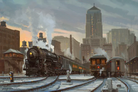 HD desktop wallpaper showcasing a vintage steam train locomotive at a busy urban train station with city skyscrapers in the background.