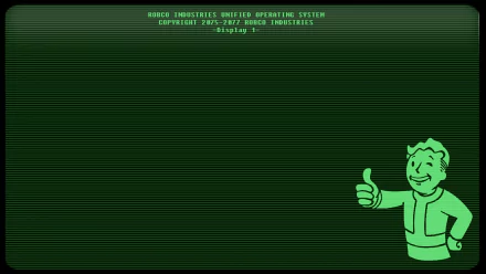 HD desktop wallpaper featuring Fallout 4's green Pip-Boy interface with Vault Boy giving a thumbs up. RobCo Industries Unified Operating System text at the top.