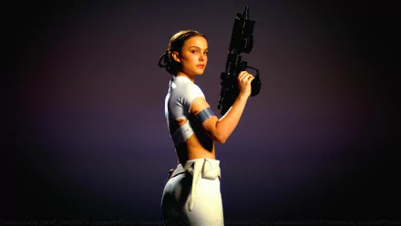 A dynamic HD wallpaper featuring Natalie Portman as Padmé Amidala, wielding a weapon against a dark backdrop, capturing the essence of her character in the Star Wars universe.