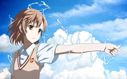 Anime character Mikoto Misaka in a school uniform, with short brown hair and brown eyes, striking a dynamic pose against a blue sky, surrounded by electricity. HD wallpaper from A Certain Scientific Railgun.