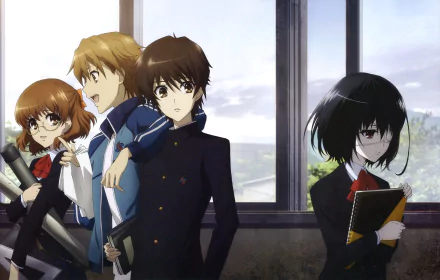HD desktop wallpaper featuring characters Kouichi Sakakibara, Naoya Teshigawara, Yukari Sakuragi, and Mei Misaki from the anime Another. The characters are in a classroom with a scenic background.