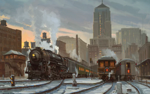 HD desktop wallpaper showcasing a vintage steam train locomotive at a busy urban train station with city skyscrapers in the background.