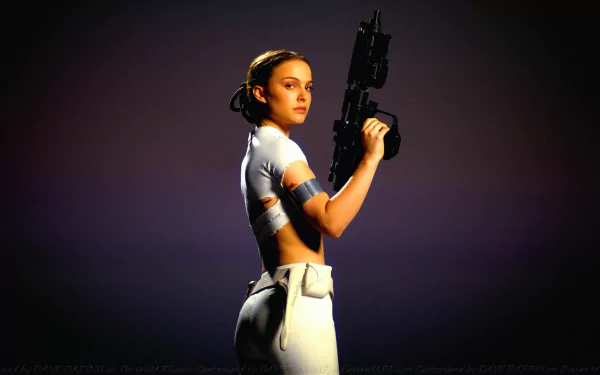 A dynamic HD wallpaper featuring Natalie Portman as Padmé Amidala, wielding a weapon against a dark backdrop, capturing the essence of her character in the Star Wars universe.
