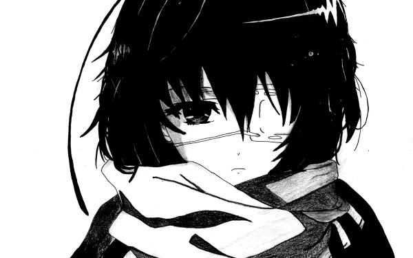 A striking HD desktop wallpaper featuring Mei Misaki from the anime Another, showcasing her dark hair and thoughtful expression against a monochrome background.