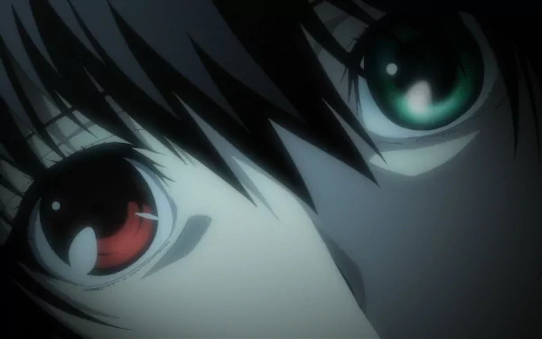 Close-up HD anime wallpaper of Mei Misaki from Another, featuring her distinct heterochromatic eyes—one red and one blue-green—set against a dark background.