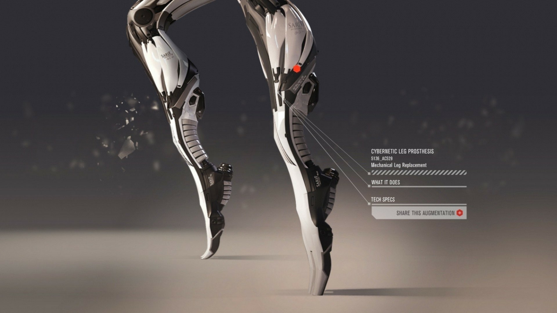 HD PC desktop wallpaper of Deus Ex video game: hovering cybernetic prosthetic legs in chrome-and-black, HUD text and faint particle effects on a neutral gray background.