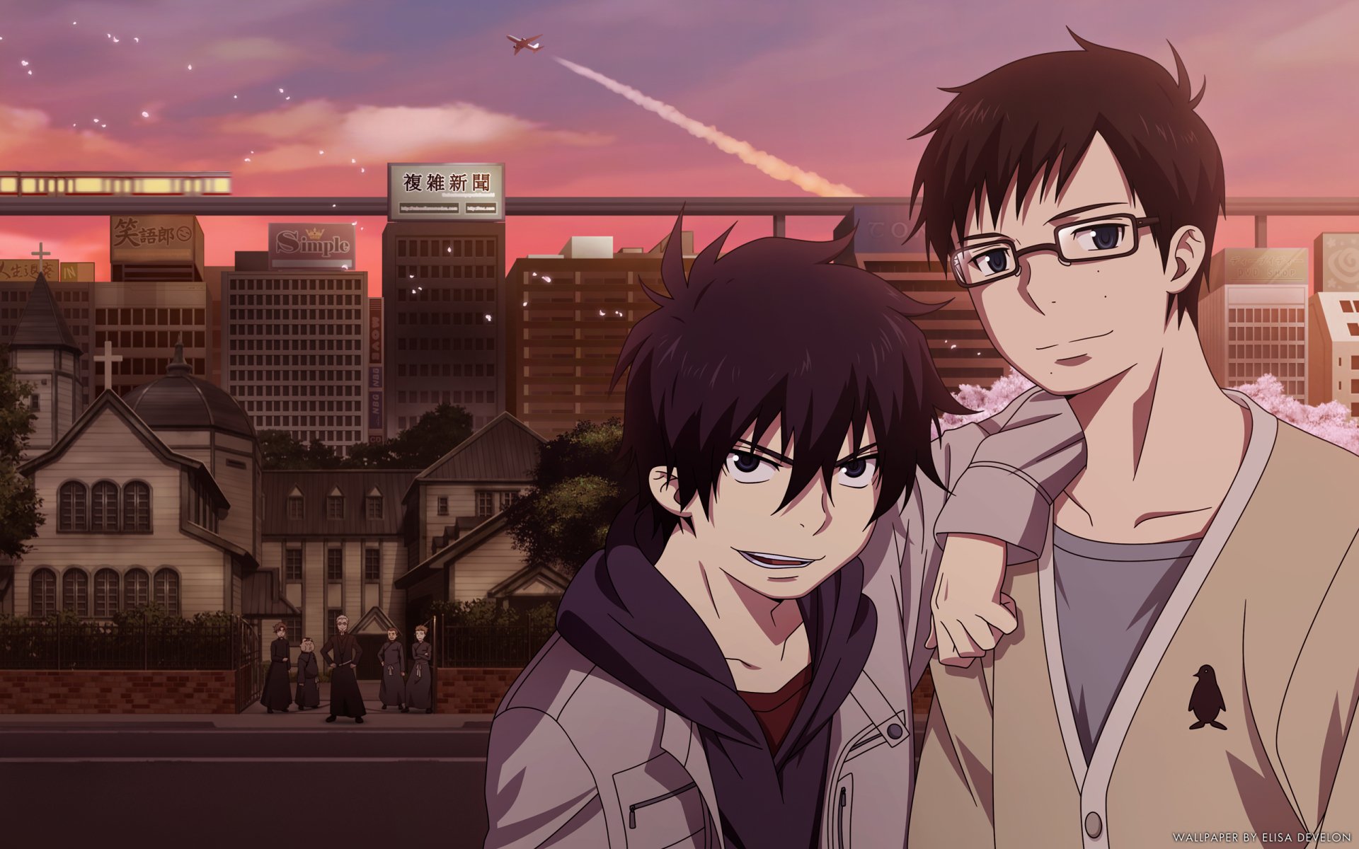 A vibrant anime scene from Ao No Exorcist features black-haired characters Rin Okumura and Yukio Okumura, along with Shiro Fujimoto, against a stunning city backdrop at sunset.