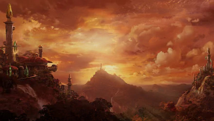 A captivating HD wallpaper inspired by World of Warcraft, showcasing a stunning landscape bathed in warm sunset hues, with mountains and mystical architecture in the foreground.