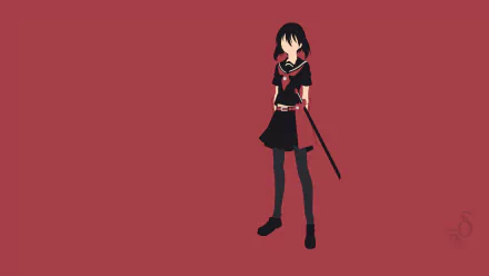 A minimalist HD desktop wallpaper featuring Kurome from Akame ga Kill! standing confidently in pantyhose, set against a bold red background.