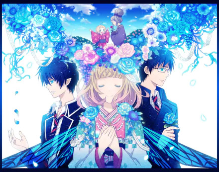HD anime wallpaper featuring Shiemi Moriyama, Yukio Okumura, and Rin Okumura from Blue Exorcist surrounded by vibrant blue and purple flowers.