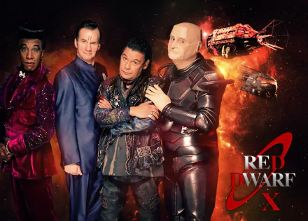 Red Dwarf TV show HD PC desktop wallpaper/background: four crew members (cast) in sci‑fi outfits posed before a fiery space backdrop, with the ship and Red Dwarf logo.
