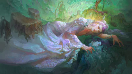 Mood-rich fantasy of a sleeping woman in a pearlescent gown, drifting through emerald mists — 2K Quad HD PC desktop wallpaper and background.