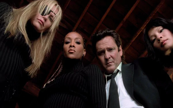 HD PC desktop wallpaper: low-angle cinematic shot of four figures—three in black turtlenecks and one in a suit—looking down at the camera; image tagged Kill Bill: Vol. 1