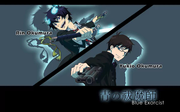 HD anime desktop wallpaper featuring Yukio Okumura and Rin Okumura from Blue Exorcist in dynamic action poses with contrasting blue and dark backgrounds.