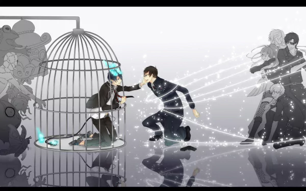 HD anime desktop wallpaper featuring Blue Exorcist characters Rin Okumura, Yukio Okumura, Shura Kirigakure, Igor Neuhaus, and Lena in a dynamic, glowing scene.