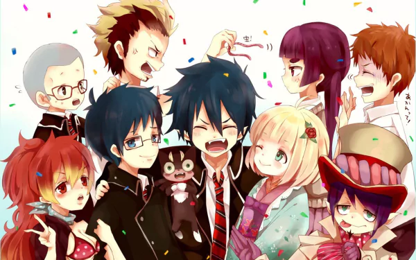A vibrant HD desktop wallpaper featuring characters from Ao No Exorcist, including Shura Kirigakure, Rin Okumura, Yukio Okumura, and others celebrating with confetti.