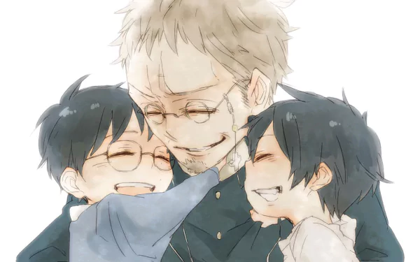 A heartwarming scene from Ao No Exorcist features Shiro Fujimoto joyfully embraced by Rin and Yukio Okumura, capturing a moment of familial love and connection in this anime wallpaper.
