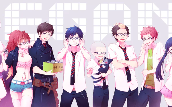 HD wallpaper featuring characters from Ao No Exorcist: Izumo Kamiki, Ryuji Suguro, Renzo Shima, Konekomaru Miwa, Shiemi Moriyama, Rin Okumura, Yukio Okumura, Shura Kirigakure, Mephisto Pheles, and Amaimon.