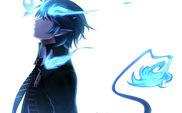 Rin Okumura from Ao No Exorcist stands in profile, surrounded by ethereal blue flames, captured in a striking HD wallpaper, embodying the spirit of Blue Exorcist.