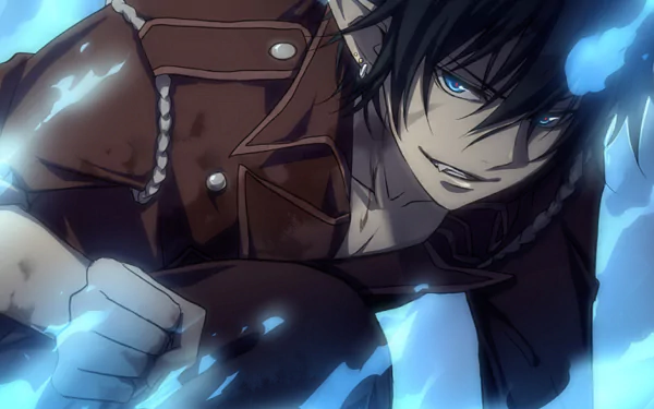 HD PC desktop wallpaper featuring Rin Okumura from the anime Blue Exorcist, depicted with glowing blue flames and an intense expression.