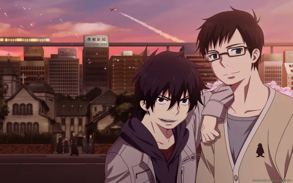 A vibrant anime scene from Ao No Exorcist features black-haired characters Rin Okumura and Yukio Okumura, along with Shiro Fujimoto, against a stunning city backdrop at sunset.