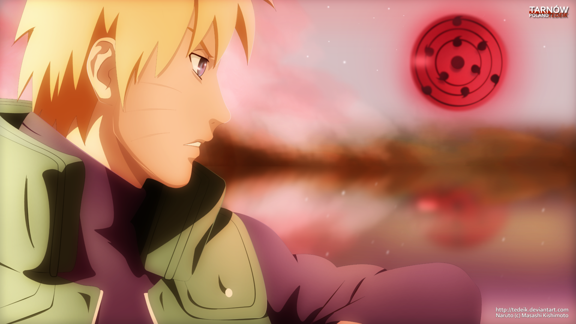 HD anime desktop wallpaper featuring Naruto Uzumaki in profile with the Sharingan symbol glowing red in the background, capturing a dramatic Naruto series moment.