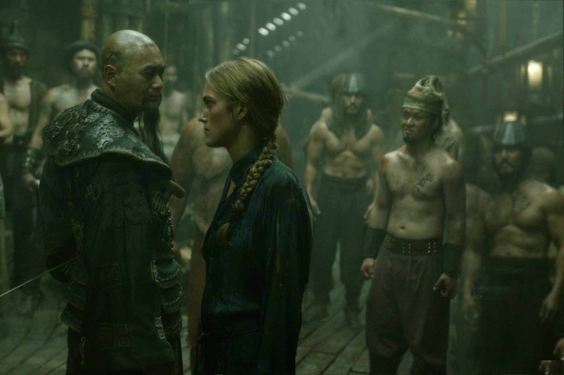 HD desktop wallpaper featuring Chow Yun-Fat as Captain Sao Feng and Keira Knightley as Elizabeth Swann in a scene from Pirates of the Caribbean: At World's End.