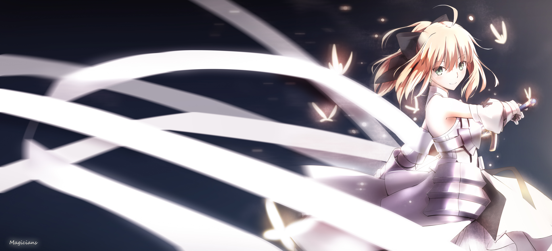 A vibrant HD wallpaper featuring Saber from the Fate Series, showcasing her in dynamic motion with flowing ribbons and a mystical background, embodying the essence of Fate/Stay Night.