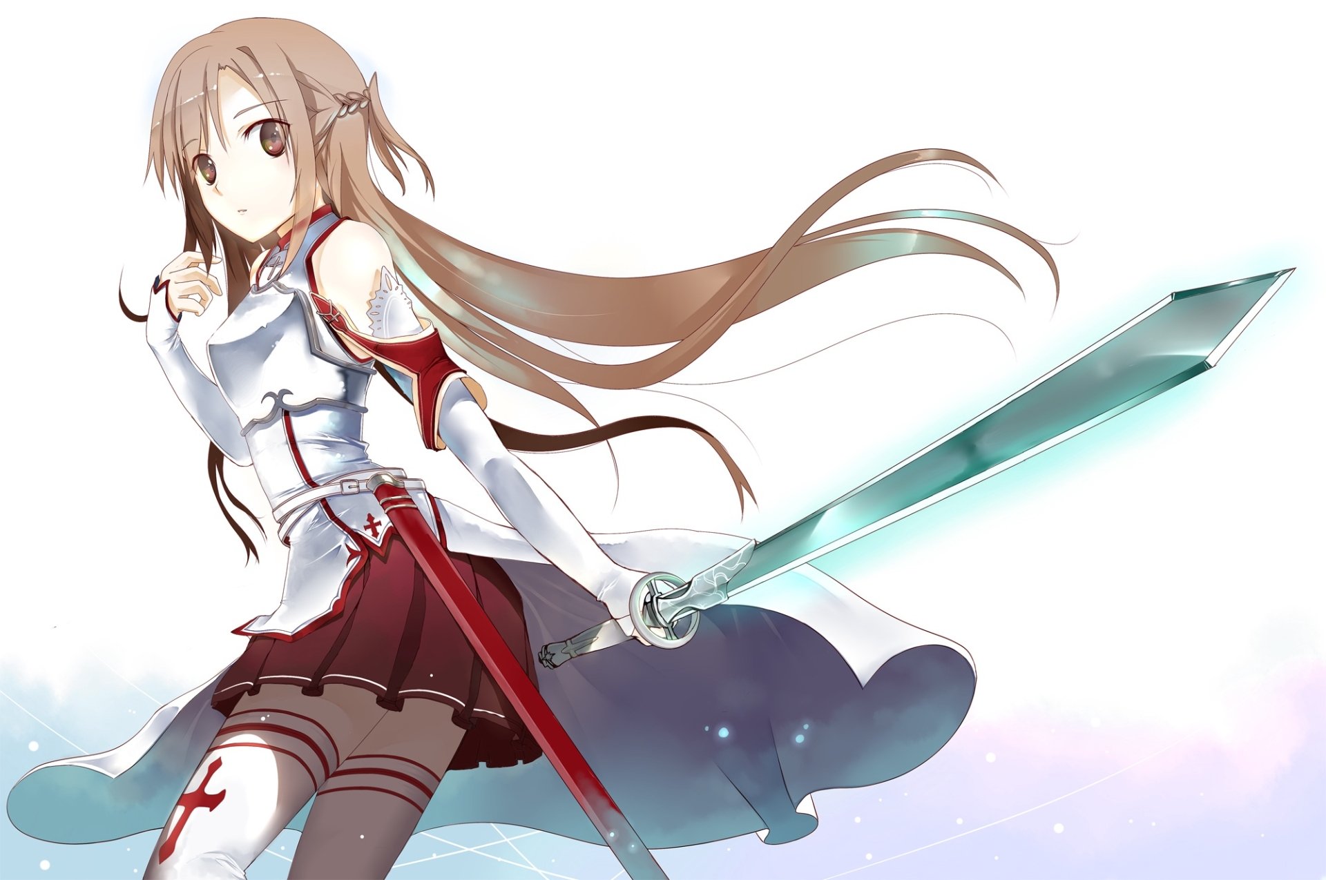 Asuna Yuuki from Sword Art Online is depicted in this HD anime wallpaper, wielding a glowing sword with a determined expression, set against a soft, ethereal background.