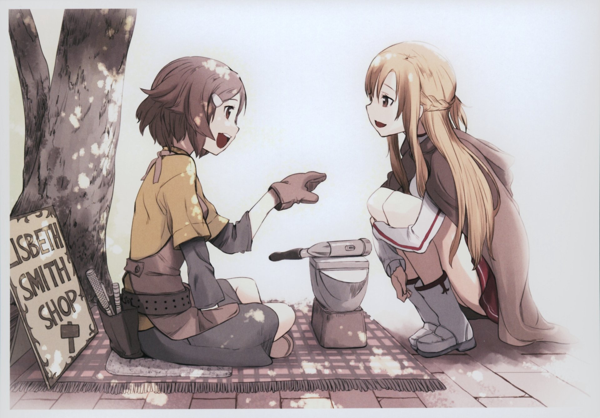 Asuna Yuuki and Lisbeth from Sword Art Online share a moment at a smith shop, depicted in a charming anime style. A 4K Ultra HD wallpaper capturing their friendship beautifully.