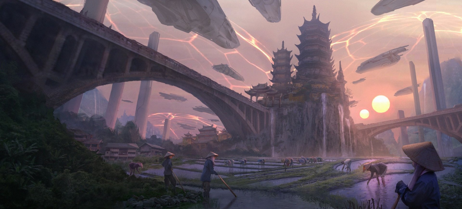 HD Sci-Fi landscape showcasing futuristic floating ships over an ancient temple and bridge with farmers working in the fields below. A beautiful background for any desktop wallpaper.