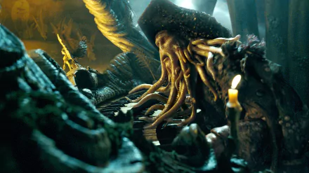 Davy Jones from Pirates of the Caribbean: Dead Man's Chest sits amidst a dark, atmospheric scene, showcasing intricate details and eerie elements in this HD desktop wallpaper.