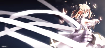 A vibrant HD wallpaper featuring Saber from the Fate Series, showcasing her in dynamic motion with flowing ribbons and a mystical background, embodying the essence of Fate/Stay Night.