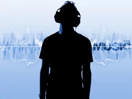 Silhouette of a DJ wearing headphones with a music waveform background. HD desktop wallpaper and background.