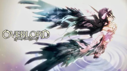 HD desktop wallpaper featuring Albedo, a character from the anime Overlord, with flowing black and white wings, set against a light and ethereal background. The Overlord logo is displayed on the left.