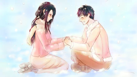 HD desktop wallpaper featuring Boa Hancock and Monkey D. Luffy from the anime One Piece, sitting together in the snow, holding hands and smiling.