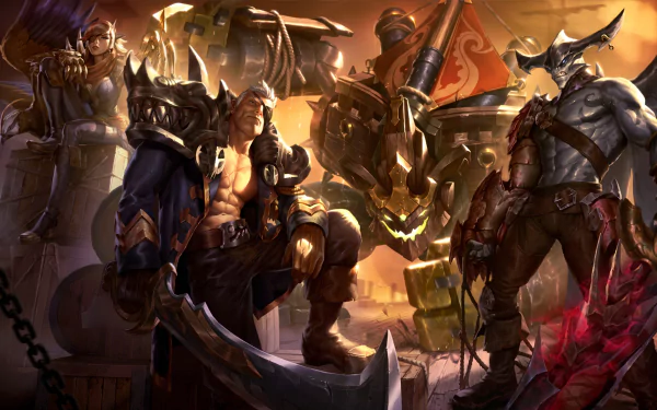 HD wallpaper featuring Aatrox, Garen, Quinn, and Malphite from League of Legends, showcasing an epic scene with dynamic characters and a vibrant background.