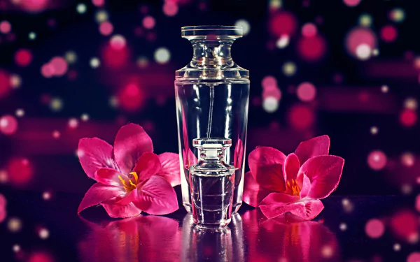 A beautifully captured perfume bottle stands elegantly amidst vibrant pink flowers, set against a dreamy bokeh background, creating a striking HD desktop wallpaper.