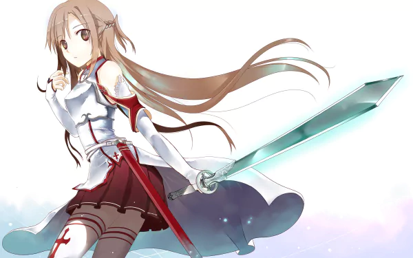 Asuna Yuuki from Sword Art Online is depicted in this HD anime wallpaper, wielding a glowing sword with a determined expression, set against a soft, ethereal background.