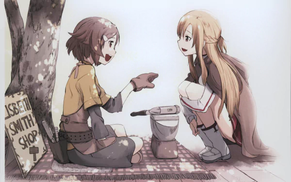 Asuna Yuuki and Lisbeth from Sword Art Online share a moment at a smith shop, depicted in a charming anime style. A 4K Ultra HD wallpaper capturing their friendship beautifully.