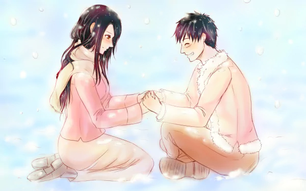 HD desktop wallpaper featuring Boa Hancock and Monkey D. Luffy from the anime One Piece, sitting together in the snow, holding hands and smiling.
