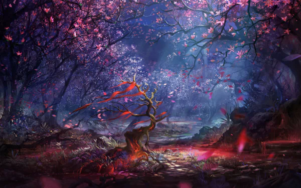 HD fantasy forest landscape wallpaper featuring a vivid, colorful scene with enchanted trees and ethereal lighting.