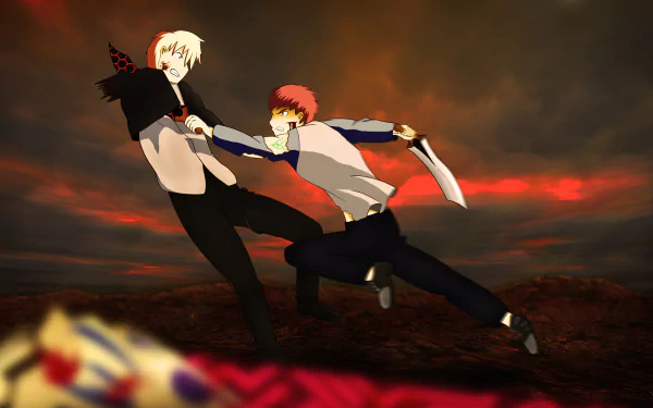 4K Ultra HD anime wallpaper featuring Shirou Emiya and Archer from Fate/Stay Night: Unlimited Blade Works, with Gilgamesh from Fate/Zero in a dynamic battle scene.