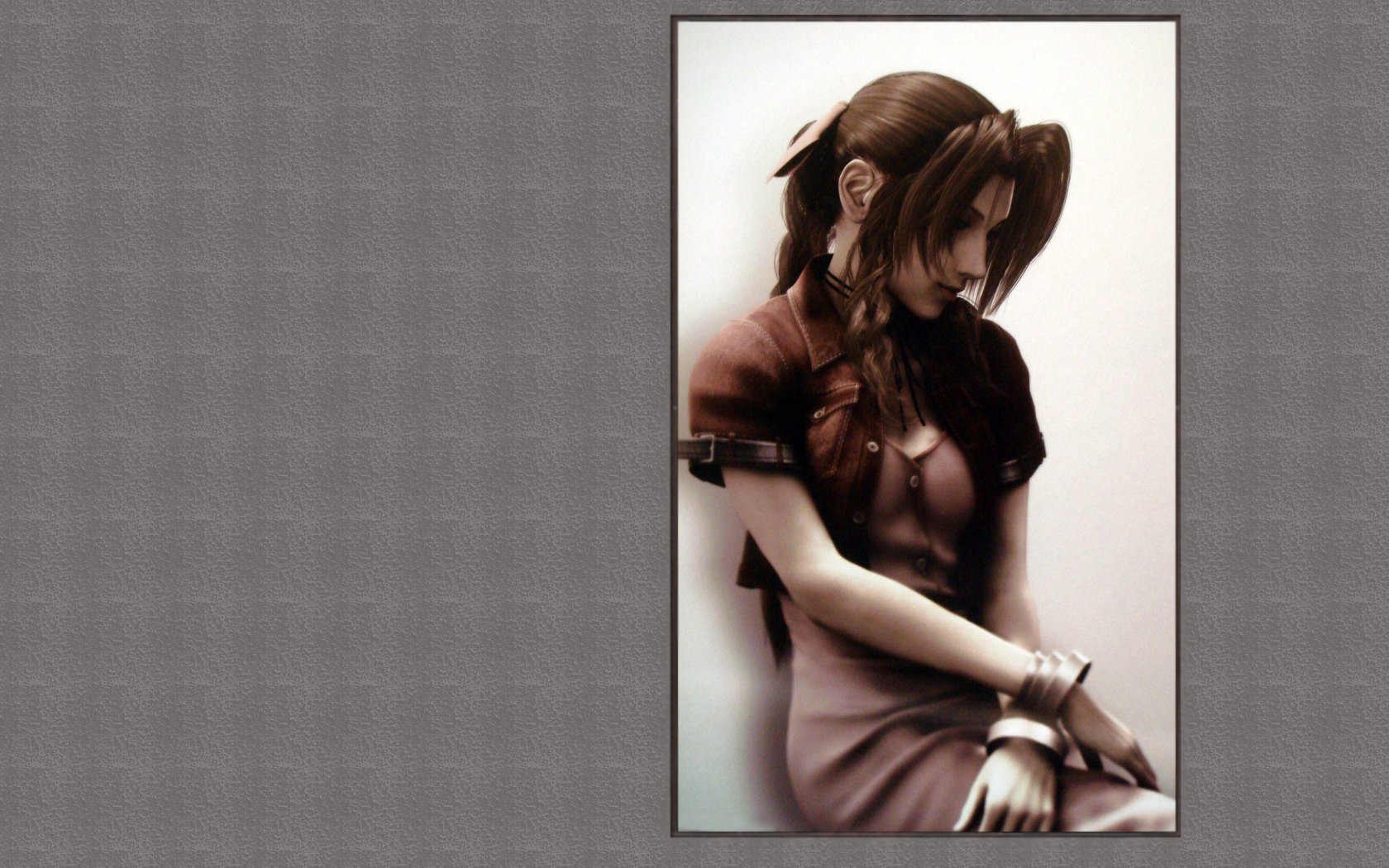 A HD desktop wallpaper featuring a character from the Final Fantasy video game series, depicted in a contemplative pose against a textured background.