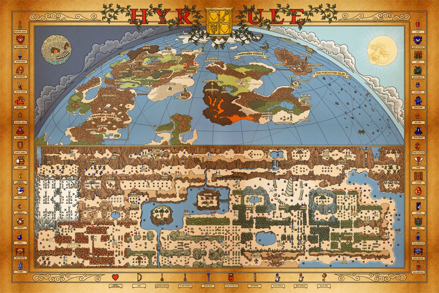 HD PC desktop wallpaper of a detailed, vintage-style map of Hyrule from the video game The Legend of Zelda.