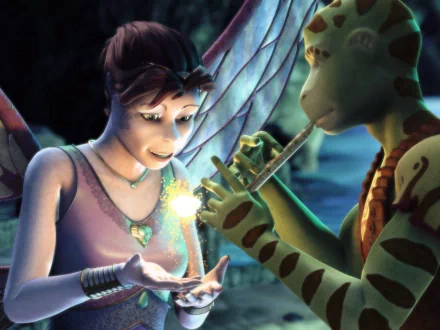 HD PC desktop wallpaper featuring characters from the movie Delgo, showing a fairy-like figure and a giraffe-like creature interacting in a magical, glowing scene.