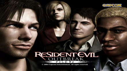 HD PC desktop wallpaper and background of the video game Resident Evil Outbreak: File #2, featuring four intense character portraits and the game's logo.