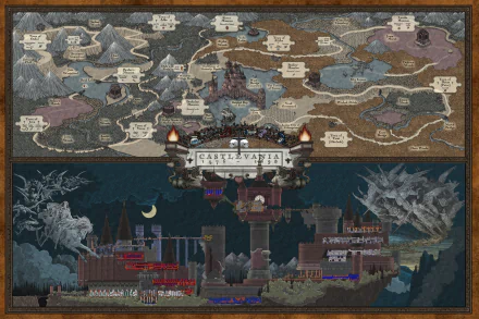 HD PC desktop wallpaper and background for the video game Castlevania: ornate world map above and pixel-art gothic castle, village, and nightscape below in detailed, moody colors.