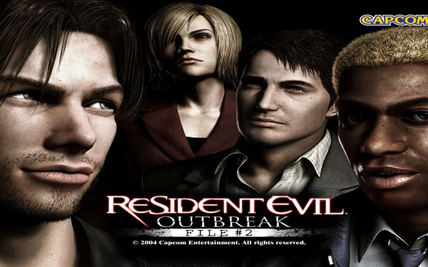 HD PC desktop wallpaper and background of the video game Resident Evil Outbreak: File #2, featuring four intense character portraits and the game's logo.